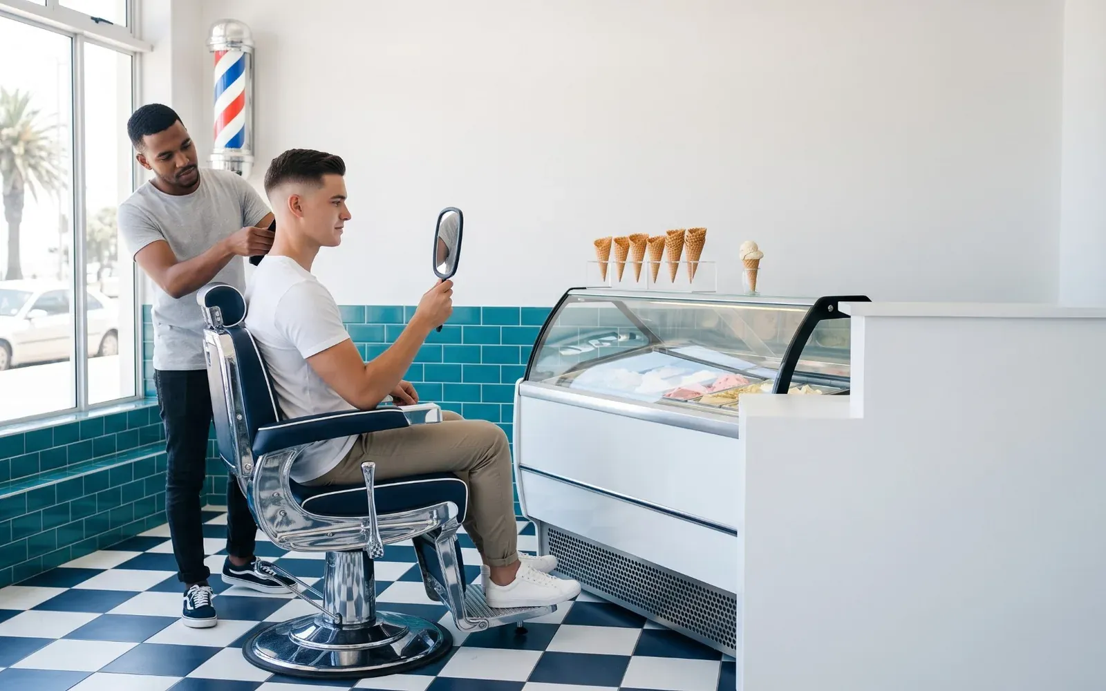 A funky Sea Point barbershop with an ice-cream counter, a fresh fade in the chair and the promenade beyond