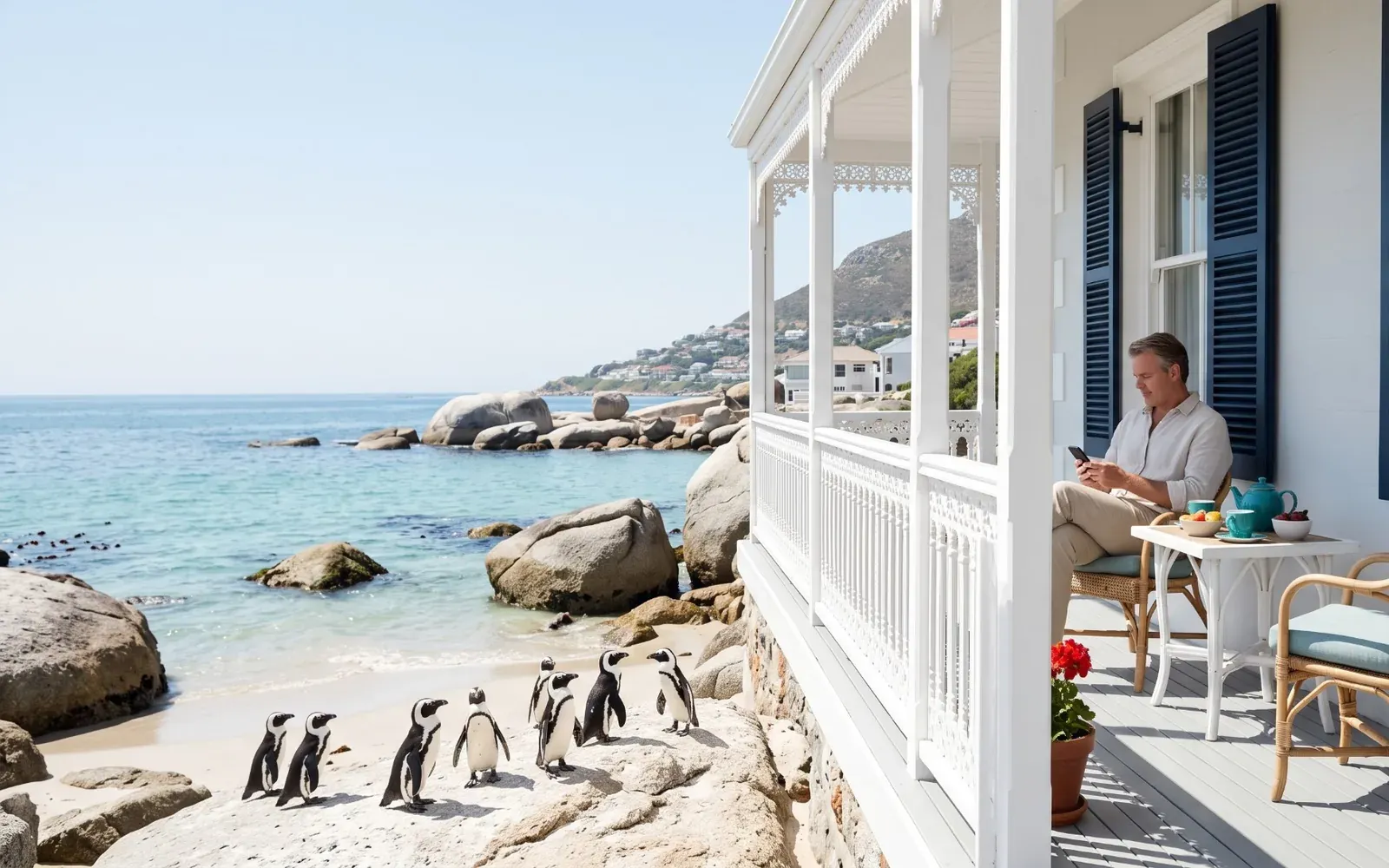 A Simon's Town guest house stoep above a little bay, with African penguins on the boulders below